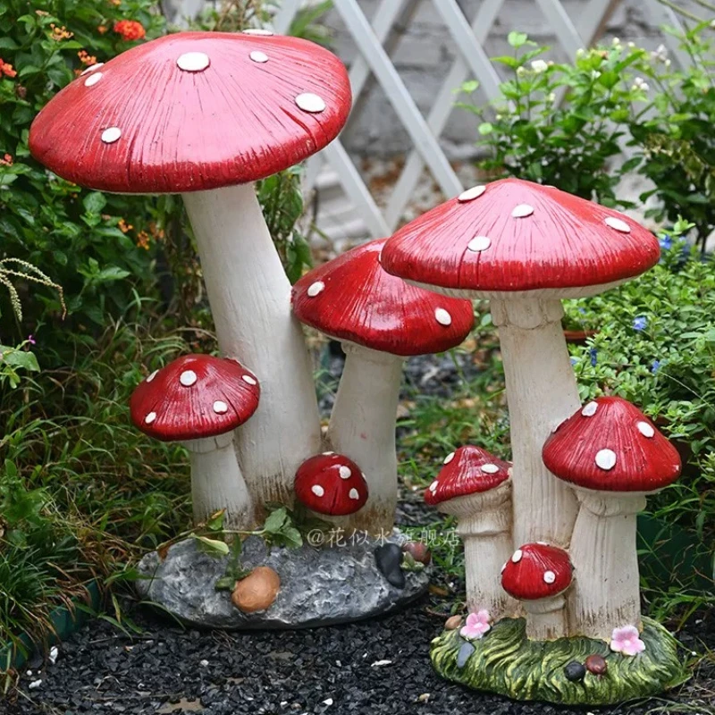 Lifelike Red Mushroom Garden Statue Outdoor Artificial Decor Sculpture Rustic Fairy Flower Bed Ornament Weatherproof Craft Decor