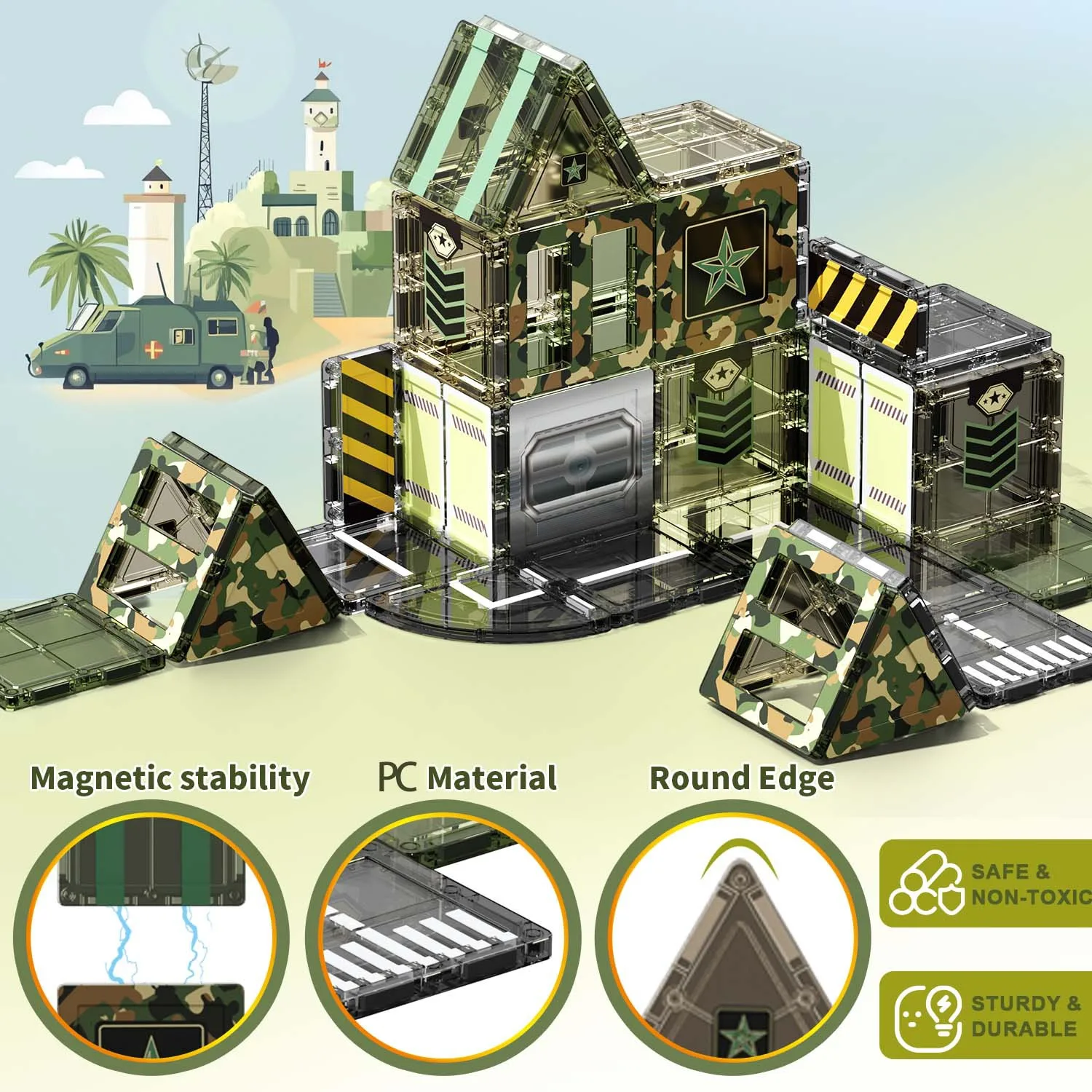 Foglio magnetico Blocco magnetico Educazione precoce Blocco di costruzione puzzle di varietà Set a tema militare Foglio magnetico da pista