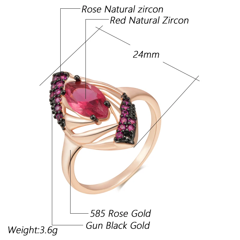 Kinel Hot Shiny Red Natural Zircon Rings for Women Fashion Geometry 585 Rose Gold Color High Quality Daily Fine Vintage Jewelry