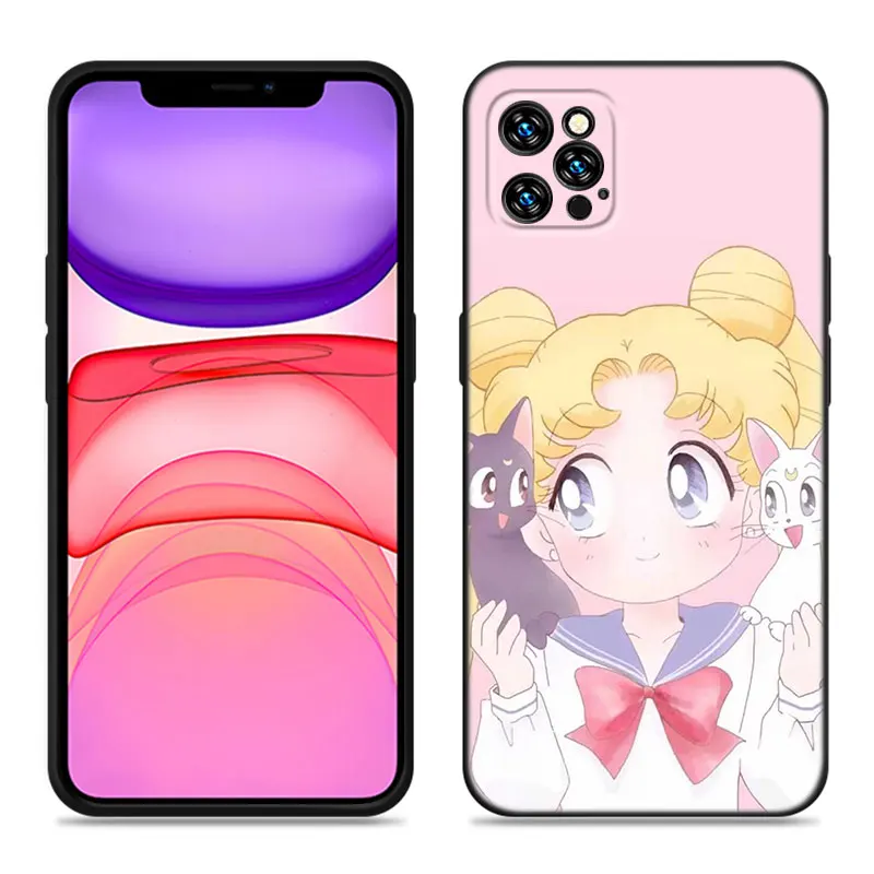 Czarne silikonowe etui na telefon Anime Sailor Moon Apple iPhone 12 13 Mini 11 14 15 Pro Max 7 8 Plus X XR XS SE 2020 2022