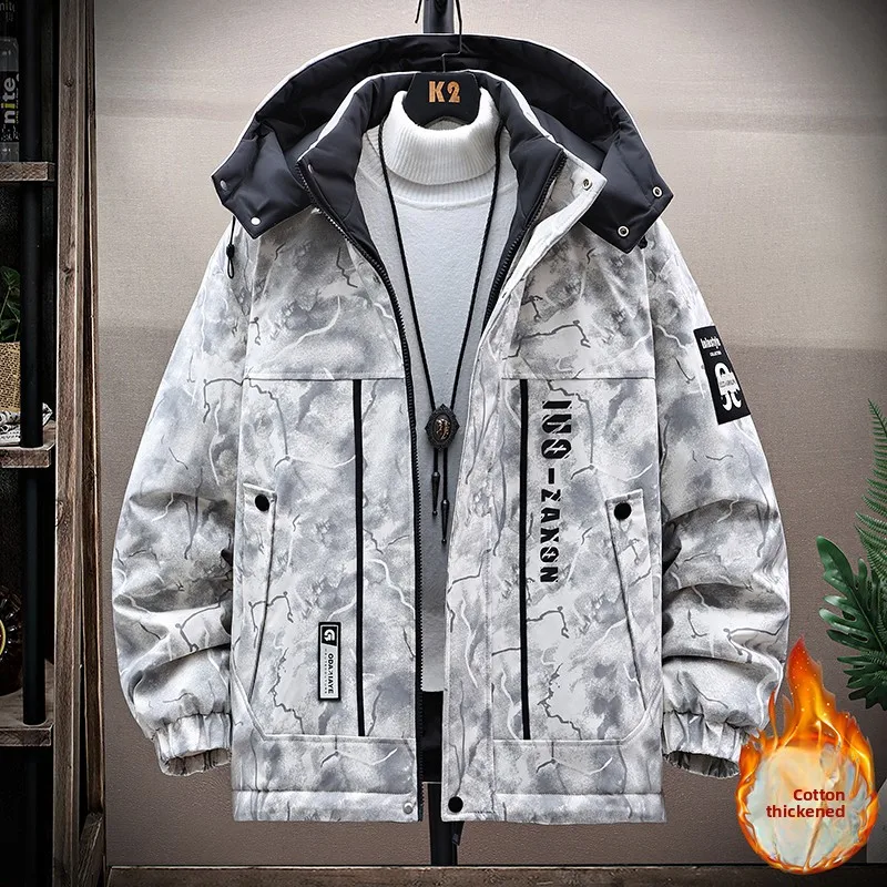 

Detachable-Cap Thiened Cotton Jaet Men's Winter Outdoor Warm Casual Polyester Fiber Long Sve Zipper Closure Coat