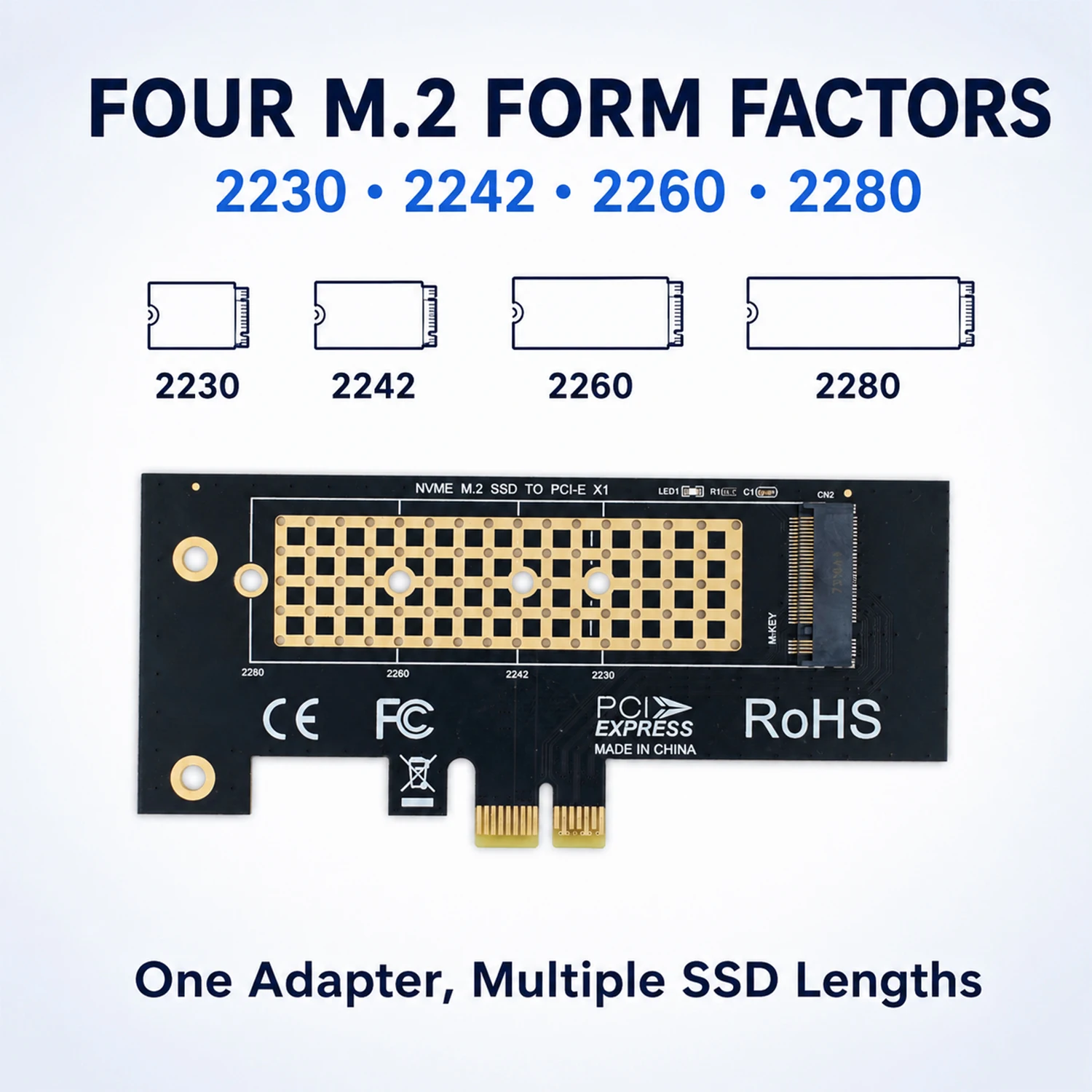 NVMe M.2 SSD PCIe X1 Adapter Card for 2230 2242 2260 2280, Fits X1 X4 X8 X16 Slots, Desktop PC Storage Expansion
