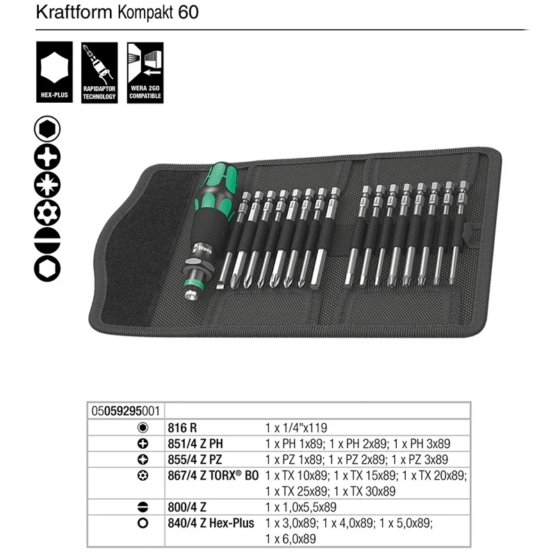 Wera Tool Screwdriver Sets 17 Pcs with Bit Set in a Bit Pouch Rachet Screwdrivers Kraftform Kompakt 60 NO. 05059295001
