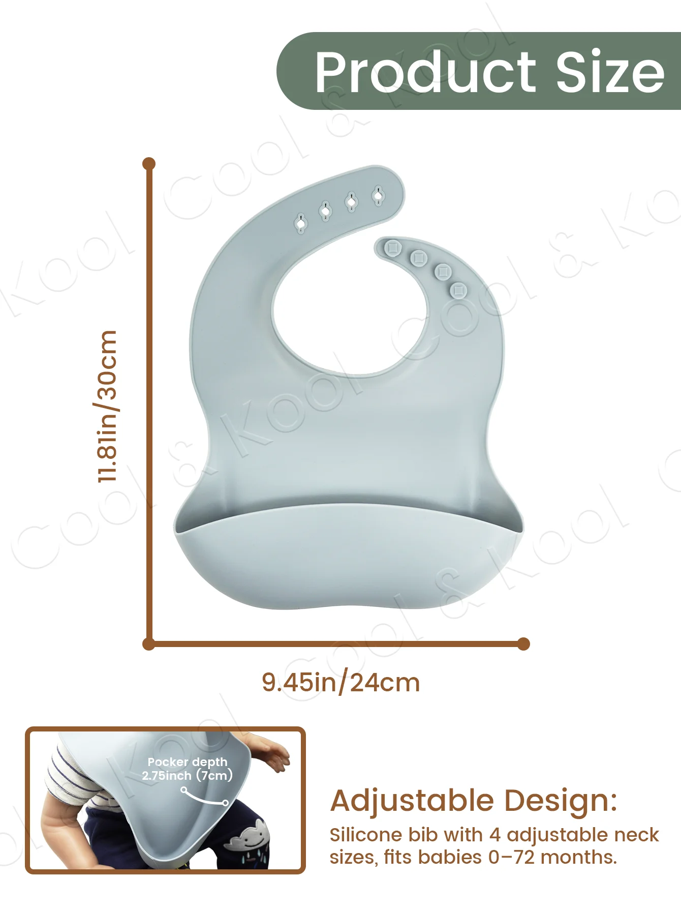 Waterproof Silicone Baby Bib , Multi Snap Adjustable Neckband, Lightweight Foldable Travel Bib for Mess-Free Feeding