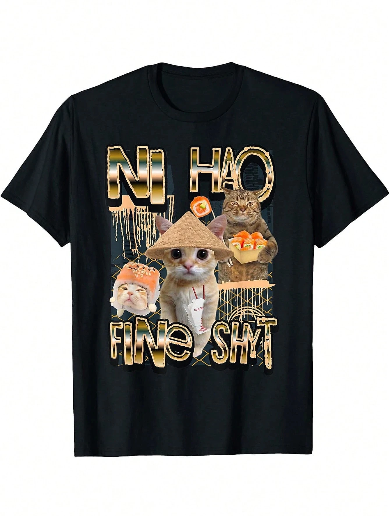 Ni Hao Fine Shyt Funny Brainrot Gen Z Meme T-Shirt, Cotton Unisex Graphic Retro Streetwear Crew-neck Short-sleeved Men's T-shirt