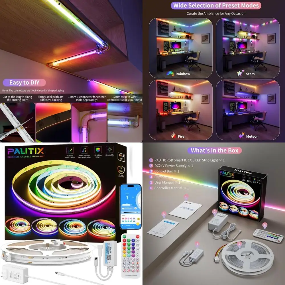 

Адресуемая светодиодная лента RGB COB длиной 5 м, гибкая многоцветная лента 24В с сертификатом UL для спальни и вечеринок с эффектом погони за цветом