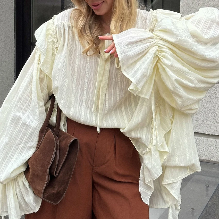 

Linad Vintage Apricot Scarf Collar Blouse Woman 2025 Autumn Street Chic Flare Sleeve Shirts Casual Cotton Ruffles Tops Female