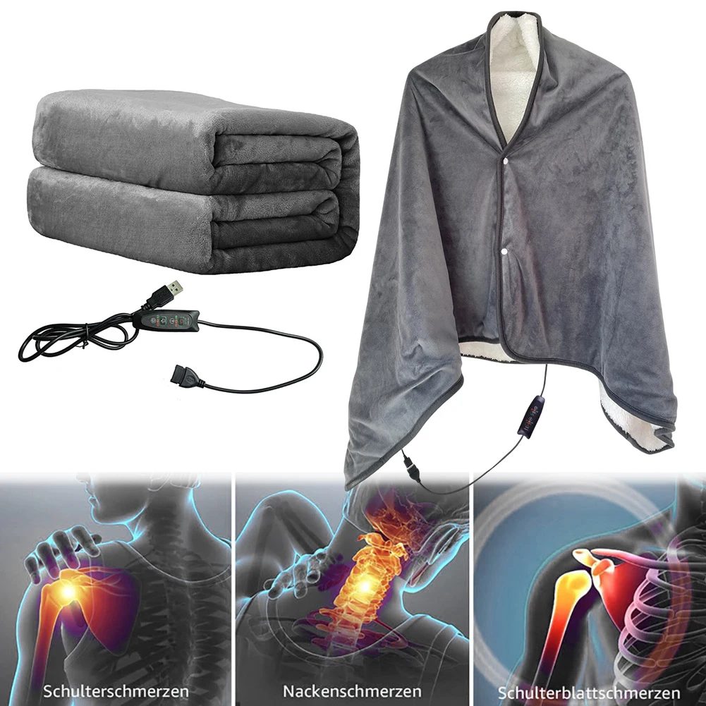 USB Heated Shawl Electric Heating Blanket 3 Heating Level Wearable Heated Poncho Throw Soft Portable Poncho Wrap for Home Office