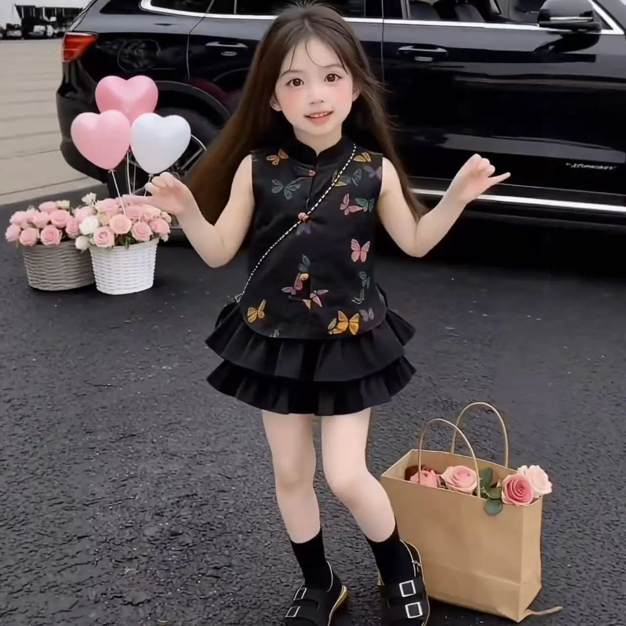 

Girls' New Chinese Summer Dress, Children's Butterfly Vest Top + Black Tutu Skirt Two-piece Set 2026 Girls' National Style Hanfu