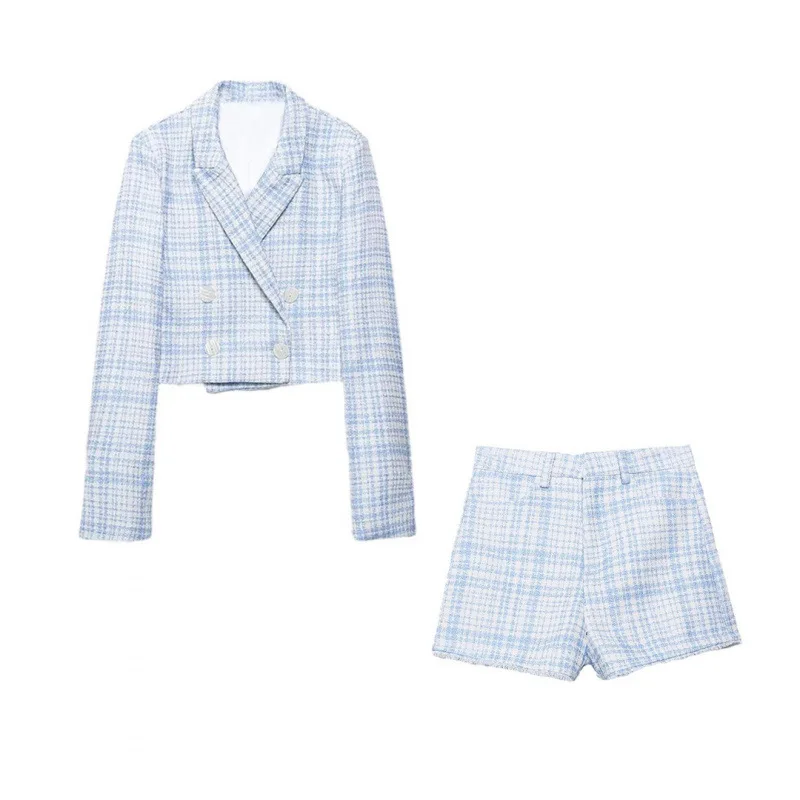 

Женские костюмы Женская одежда Комплект из 2 предметов 2026 Весенний новый женский текстурированный повседневный пиджак с длинными рукавами Шорты Спортивный костюм в уличном стиле