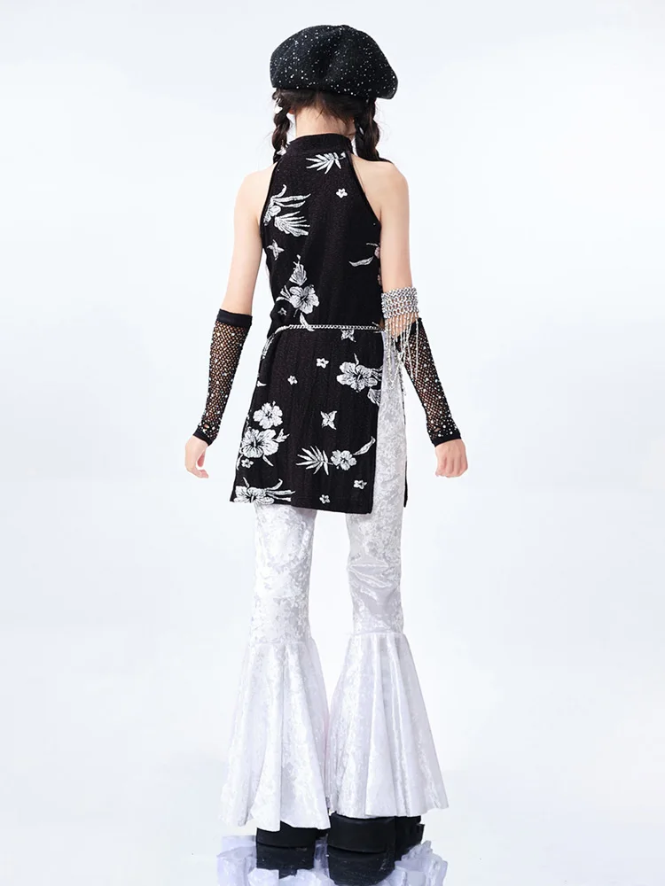 Costume de danse Jazz pour filles, vêtements Hip Hop, haut Cheongsam noir, pantalon évasé blanc, vêtements de spectacle Hip Hop de danse de rue