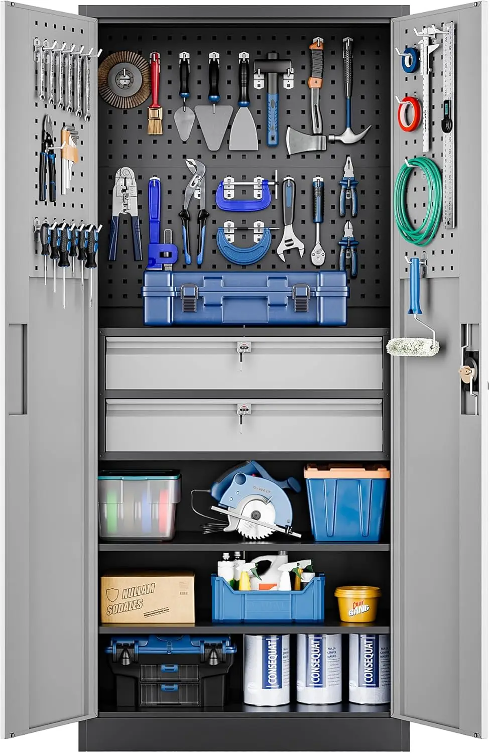 Gabinete de almacenamiento de garaje de metal con puertas cerraduras y 2 cajones, gabinete de herramientas de acero resistente con tablero perforado, 71" - Lockabl