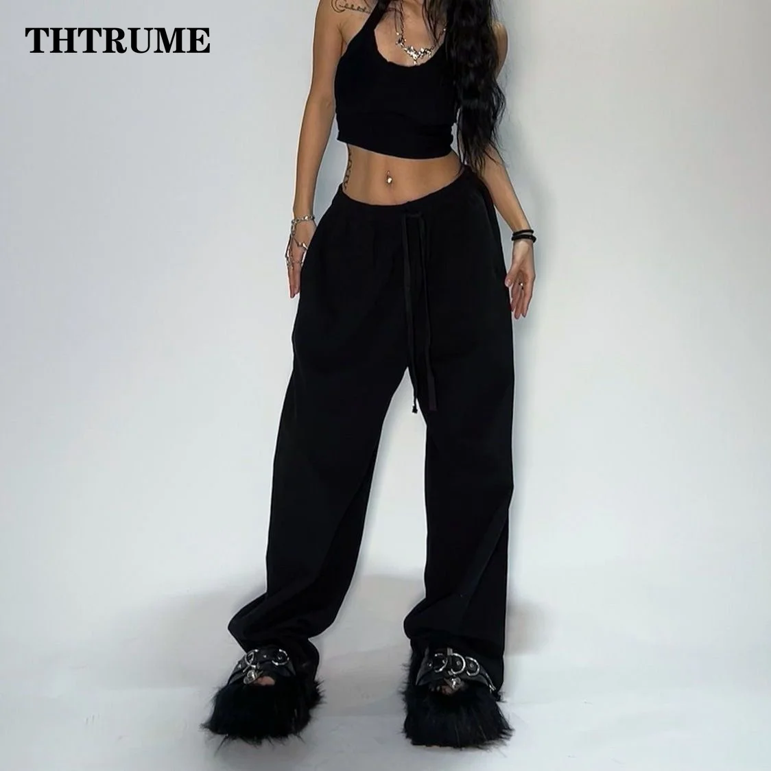 Casual Women Solid New Pant Fashion Summer Oversized Vintage Pocket Drawstring Wide Leg Pants Elegant Loose Baggy Chic Trousers - Image 3