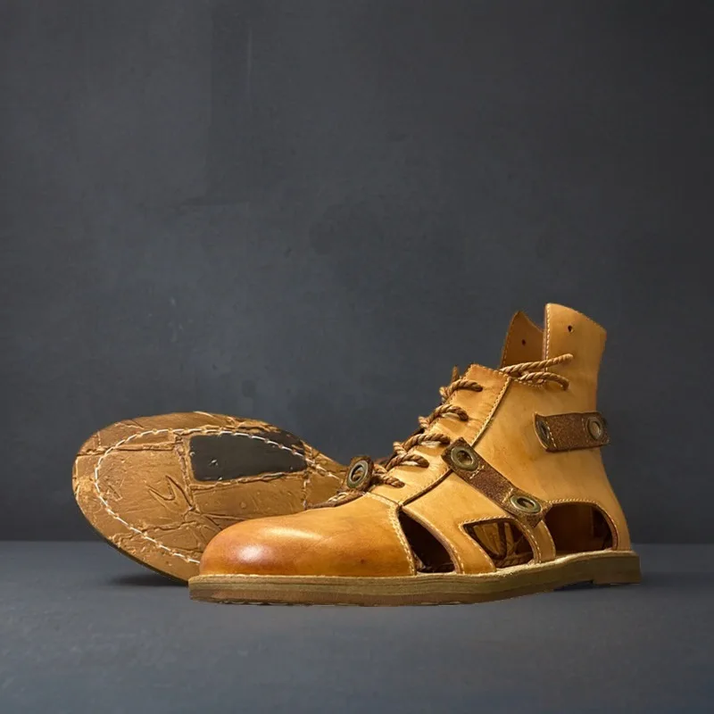

Handmade Cowhide Washed Retro Roman Sandals Men's Shoes Genuine Leather Outdoor Casual HighTop Beach Shoes Male Summer