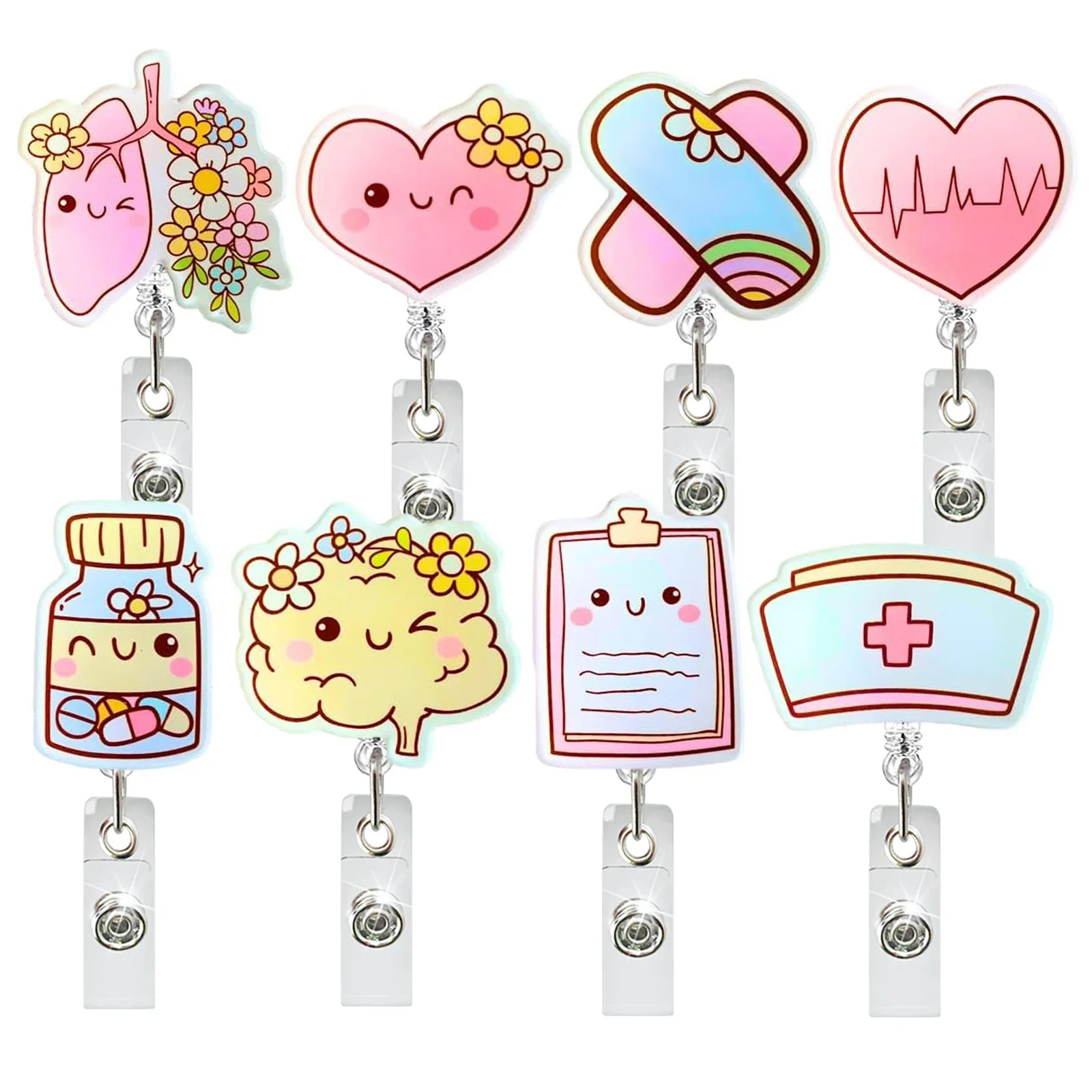 Medical Acrylic Glitter Pill Heart Lung Retractable Badge Reel Rotatable Crocodile Clip ID Badge Holder for Doctor Nurse