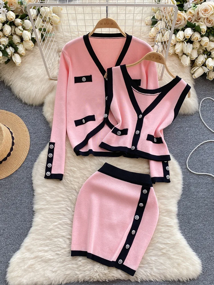 New Vintage Elegant Knit 3 Piece Skirt Sets Outfits For Women Long Sleeve Cardigan + Vest + Mini Skirt Stylish Matching Set