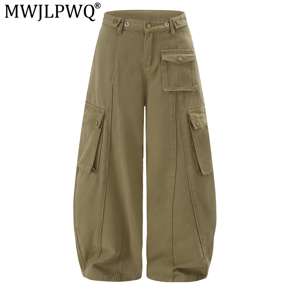 MWJLPWQ American Men's Loose-Fit Solid Color Workwear Deconstructed Patchwork Design Multi-Pocket Wide-Leg Pants Trendy 20886