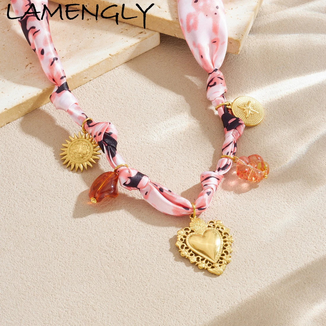 

LAMENGLY 316L Stainless Steel Pink Ribbon Retro Sun Star Heart-Shaped Pendant Necklace Women Ethnic Style Neck Chain Party Gifts