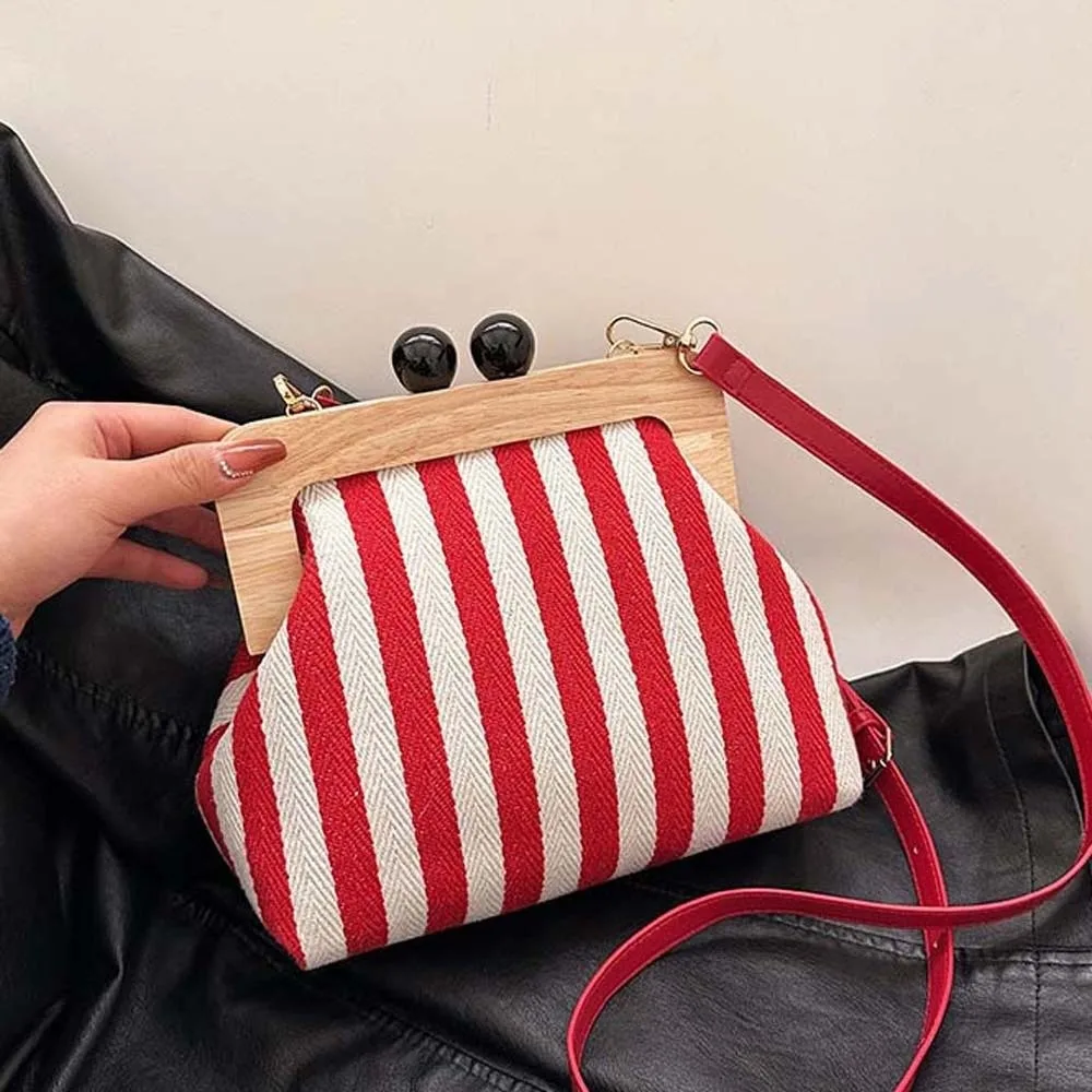 Striped Design Wooden Frame Bag Detachable Strap Double Beads Kiss Lock Pouch Textured Fabric Soft Structure Canvas Purse