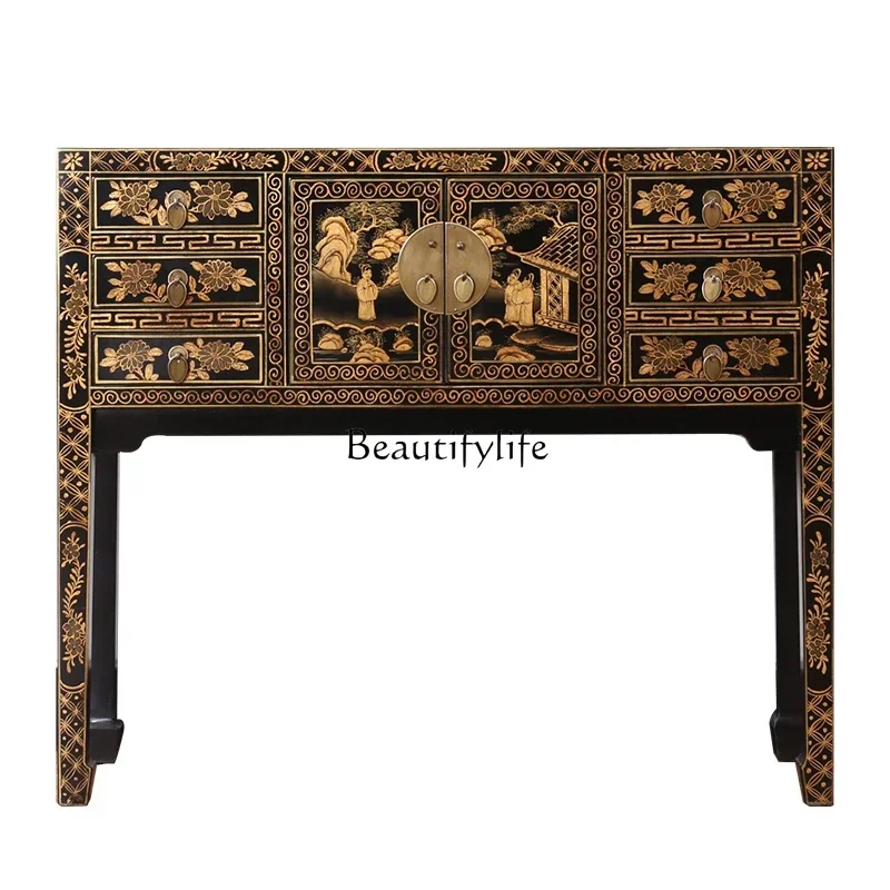 

New Chinese style gold-painted solid wood antique and old painted high-footed small side cabinet