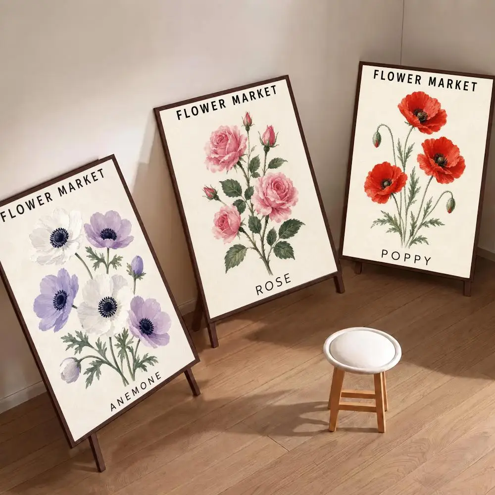 Art Flower Market Poster Waterproof Wall Art Decor Stickers, Home Bedroom Bar Removable Wall Decoration Stickers