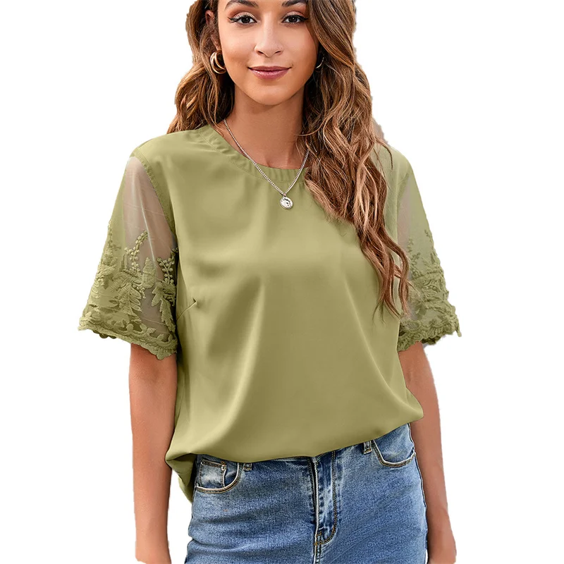 

Elegant Lace Crochet Flower Short Sleeve Chiffon Shirt Female 2023 Summer Sweet Style Casual Blouse Women Loose Solid Color Tops