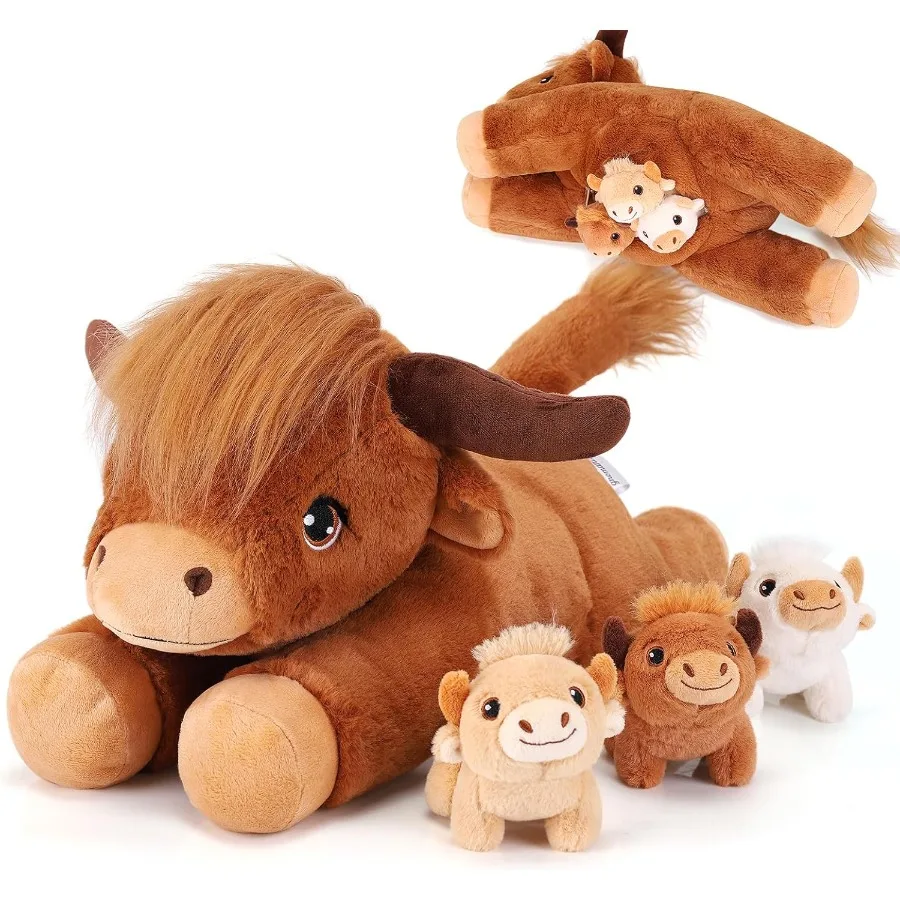 

4 Pieces Highland Cow Stuffed Animals - Brown Plush Cows with 3 Babies for Girls Age 3-8 - Cute Cows Plush Toys for Christmas V