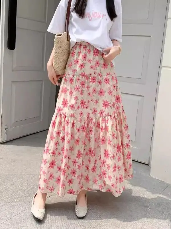 

High Waist Floral f Skirt Thin Elastic Waist Midi Length Versatile Japanese Sle Pleated Skirt Women Summer Thin Model