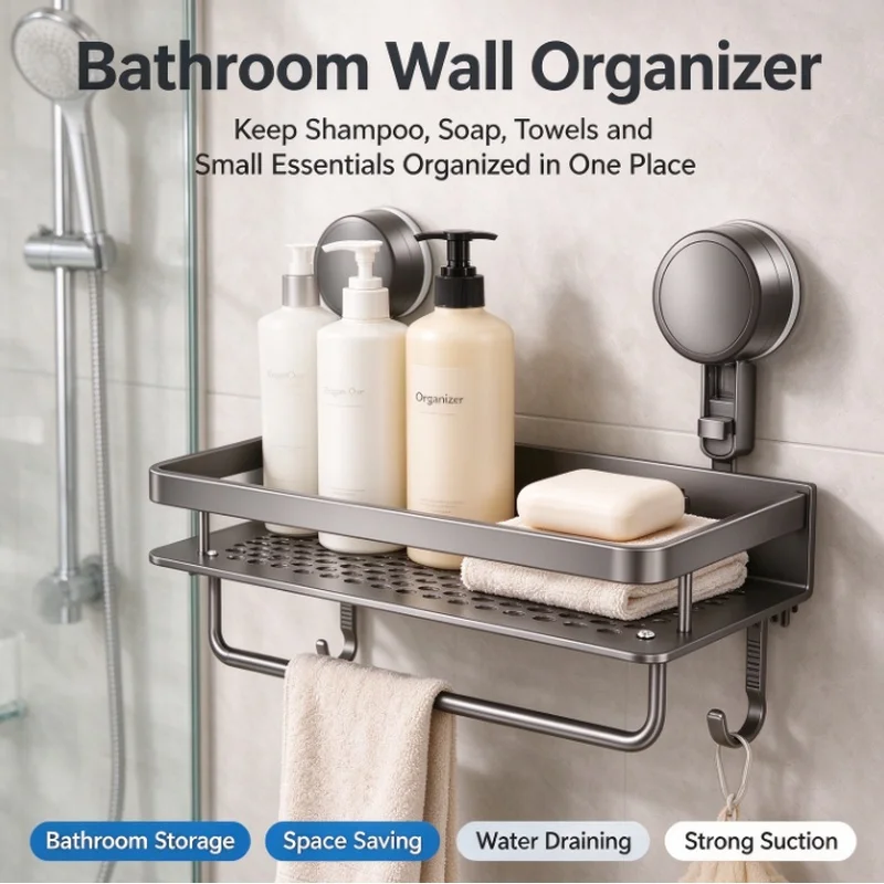 Stocking Stuffers Christmas Gift No Drill Suction Cup Adhesive Aluminum Wall Mount Bathroom Organizer Hanging Shelf for Toilet