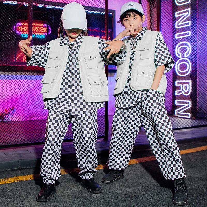 

New Kpop Outfit Kids Hip Hop Costume Street Dance Fashion Wear Chessboard Shirt Pants Boys Performance Suit Girls Clothes BL8781