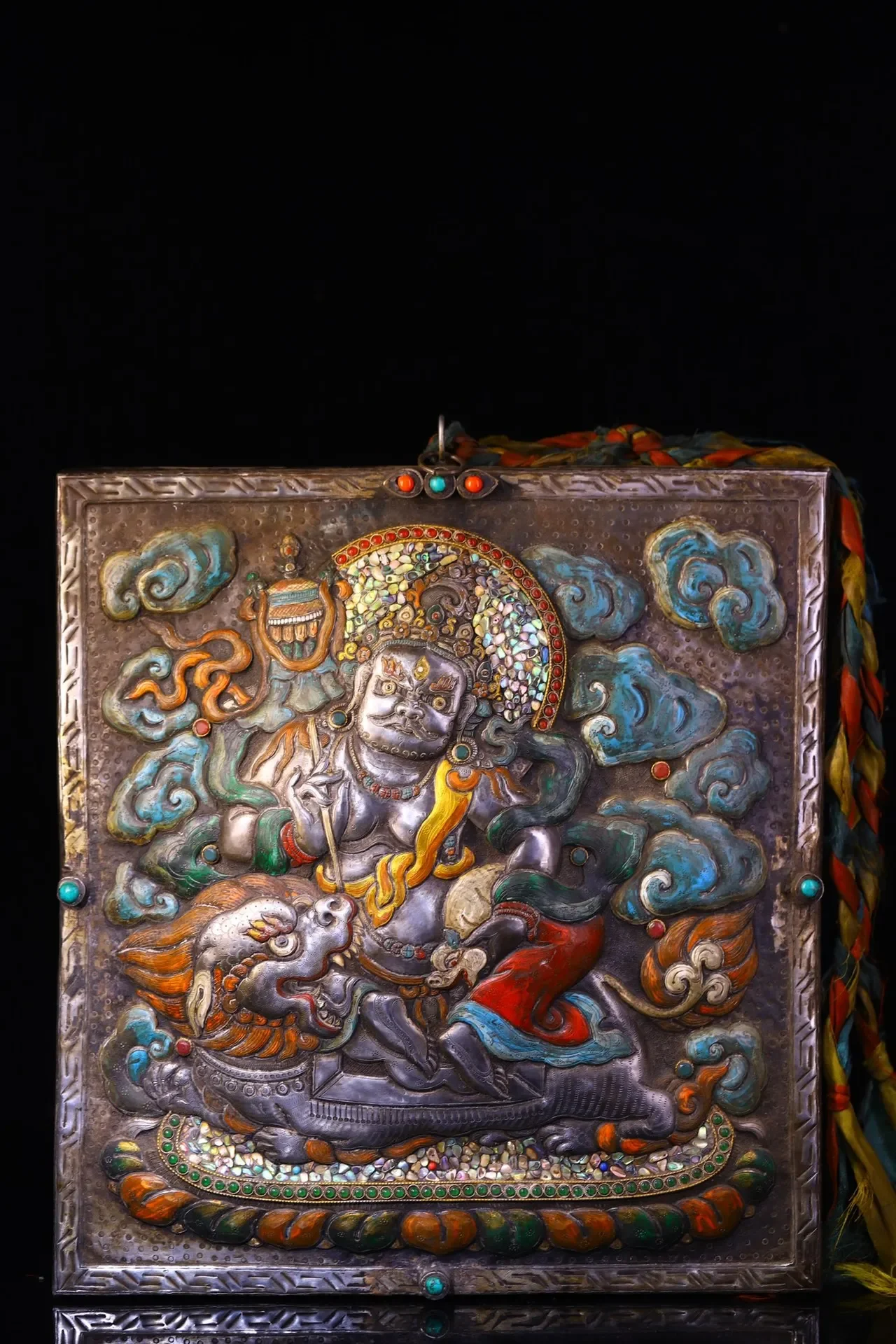 

15"Tibetan Temple Collection Old Tiantie Painted Cinnabar Mosaic Gem Shell Vaisravana Buddha Tangka Worship Hall Wall hanging