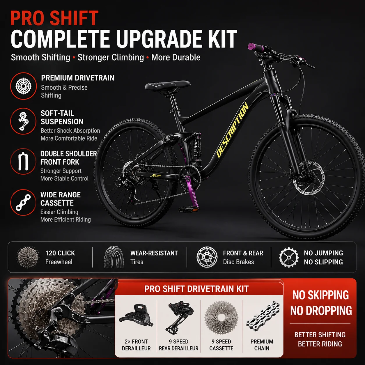 Mountain Bike Hydraulic Shock, Double Absorption Disc Brake, Off Road Variable Speed for Teens Students Outdoor Use