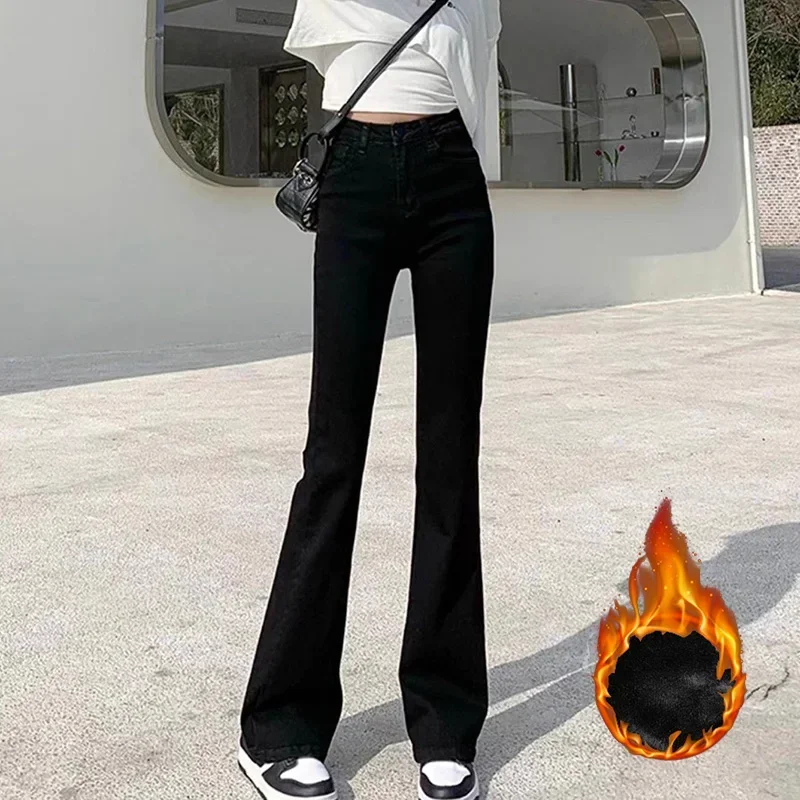 

Snow Warm Winter Girls Thin Flared Jeans Lady Classic Fleece Thermal Thicken Pants Girls High Waist Solid Plush Trousers