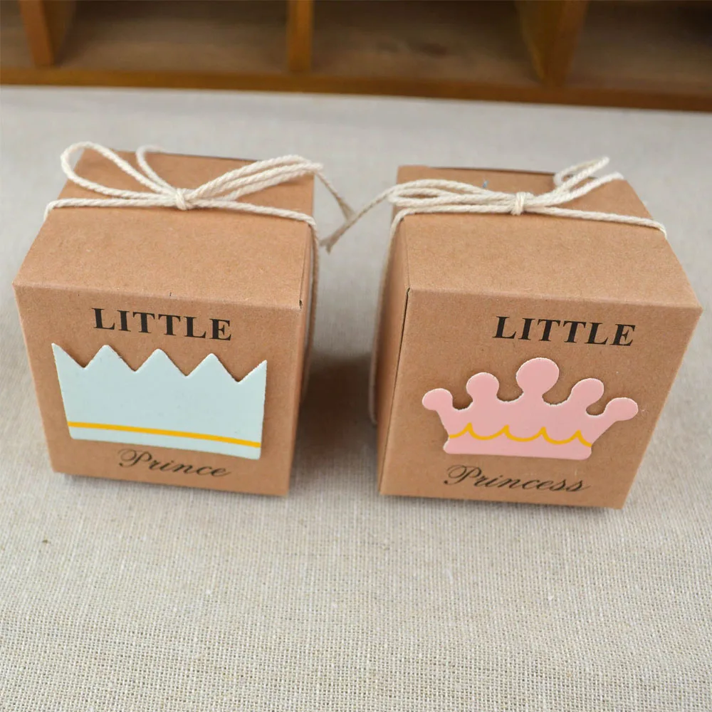 

50PCS Baby Shower Candy Box Little Prince Little Princess Crown Kraft Boxes Blue Pink Candy Box for Girl Boy Birthday Favors Box