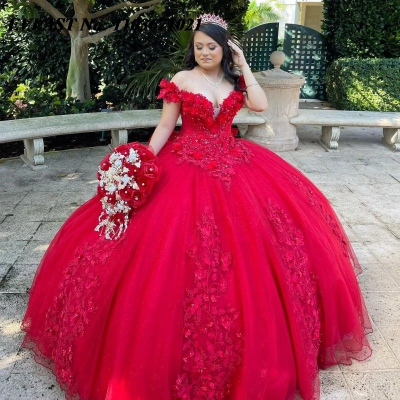 EVLAST Мексиканское красное платье Quinceanera, бальное платье с кружевной аппликацией, бисером и кристаллами с бантом, корсет Sweet 16, Vestidos De XV 15 Anos SQ66