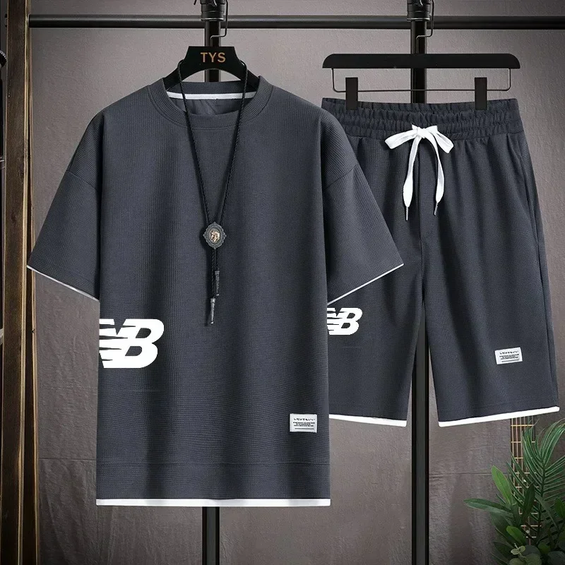 

2026Summer new casual men's short-sleeved T-shirt and shorts 2-piece set, outdoor breathable jogging training men's sportswear