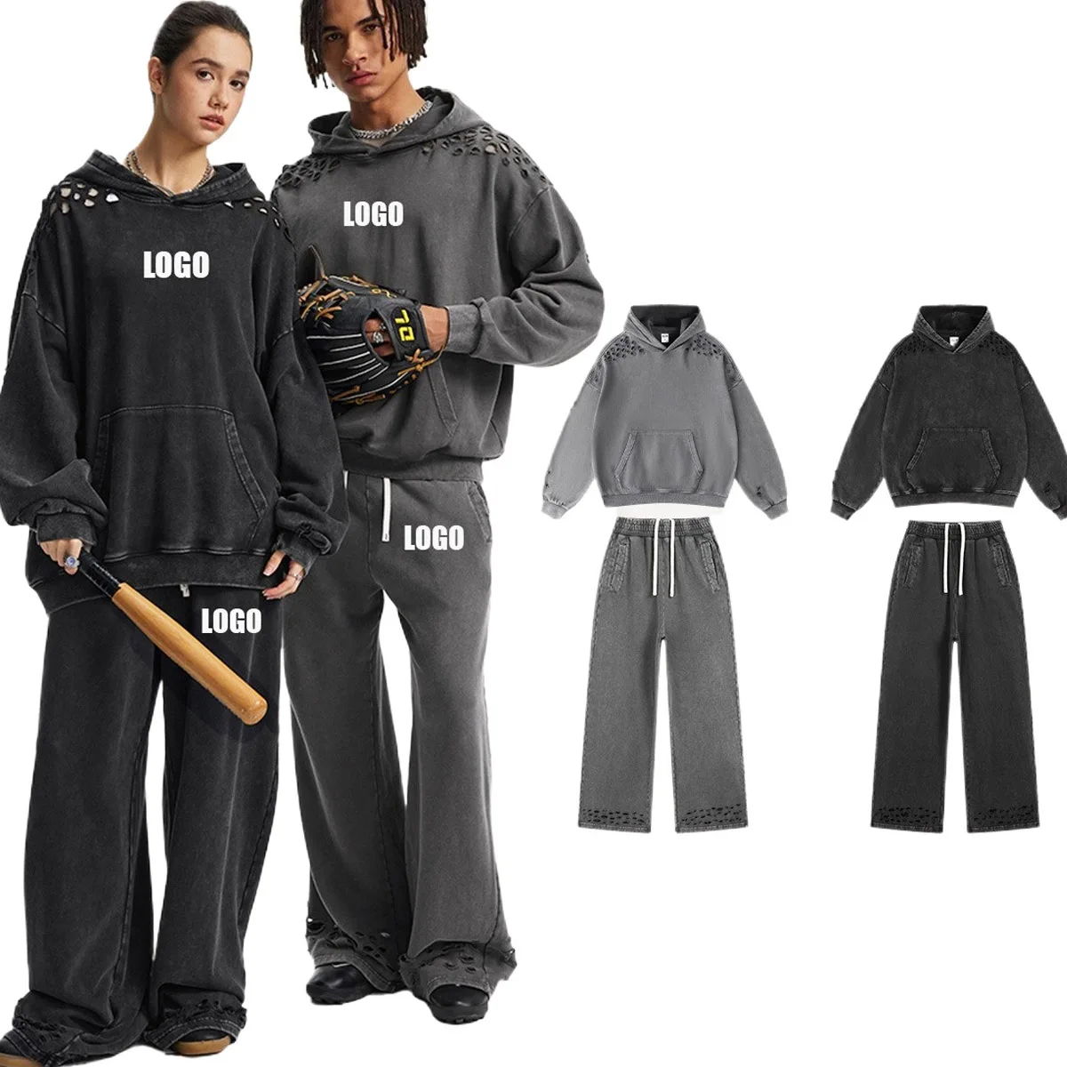 

Custom LOGO Men's 2025 Autumn Winter New Product 380G100% Cotton Sweater Sweatpants Old Personality Vulnerability Couple Suit