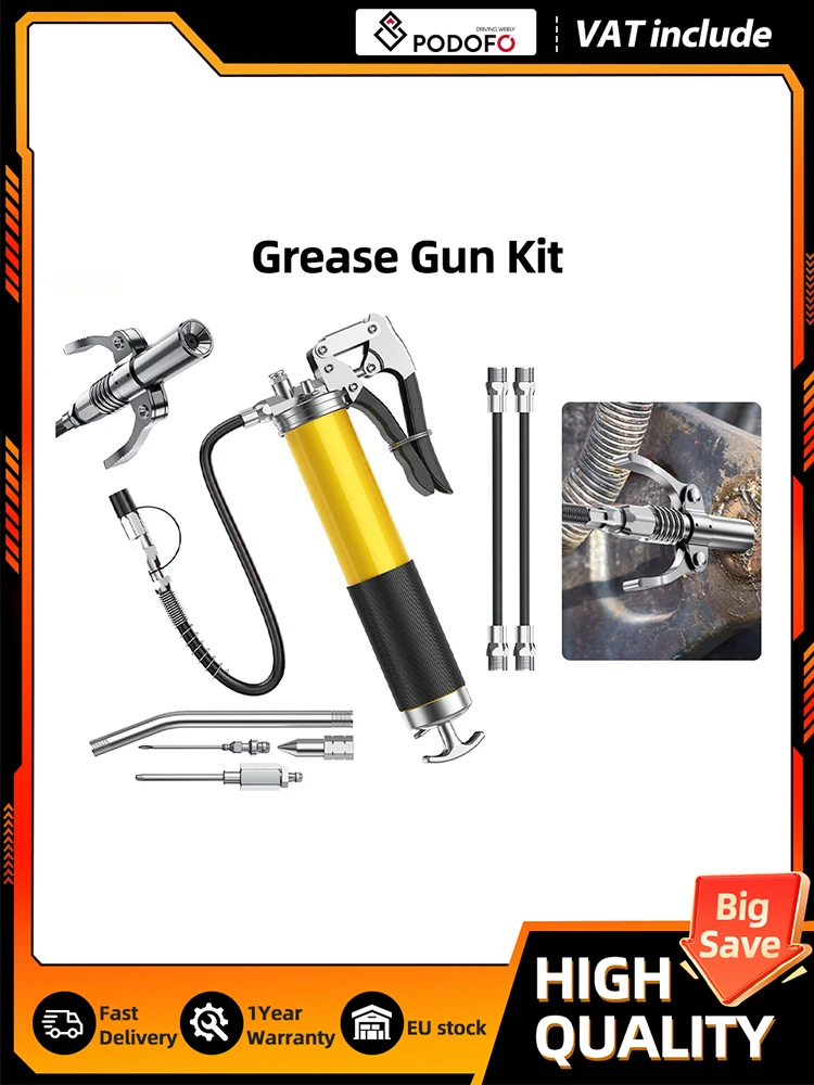 Podofo Fettpresse-Set 8000 PSI Auslaufsicher mit Pistolengriff 14oz Fassungsvermögen 2 Standard-Schläuche Verriegelungskupplung Fettinjektor Nadeldüse