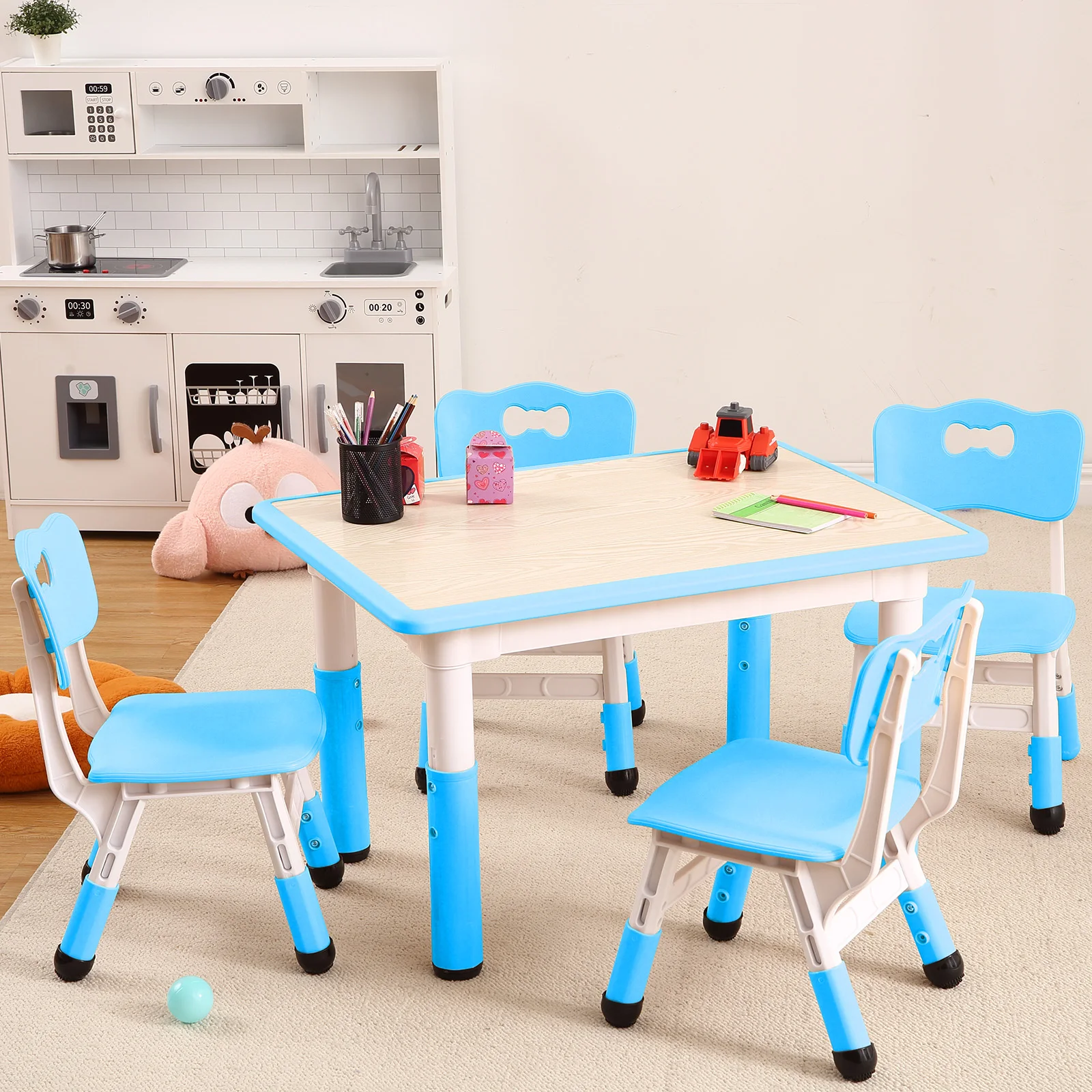 5 PCS Kids Table and Chairs Set Toddler Height Adjustable Desk with Graffiti Desktop Arts Crafts Table with 4 Seats Non-Slip Leg