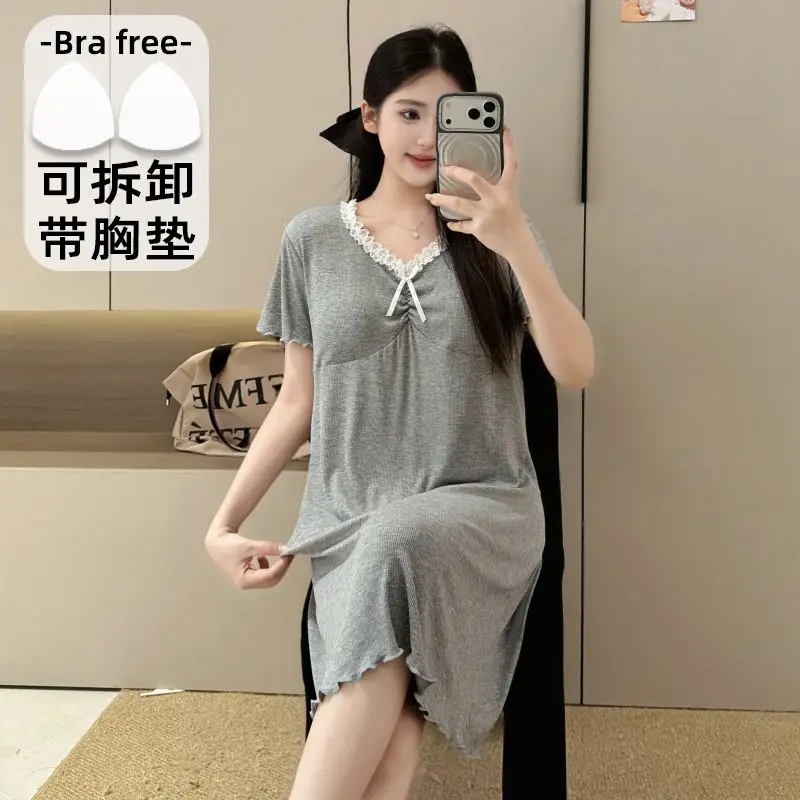 

2026 Summer Plus Size 5XL Short Sleeve Modal Nightgowns for Women Korean Cute Lace Sleepwear Night Dress Nightdress Home Nighty