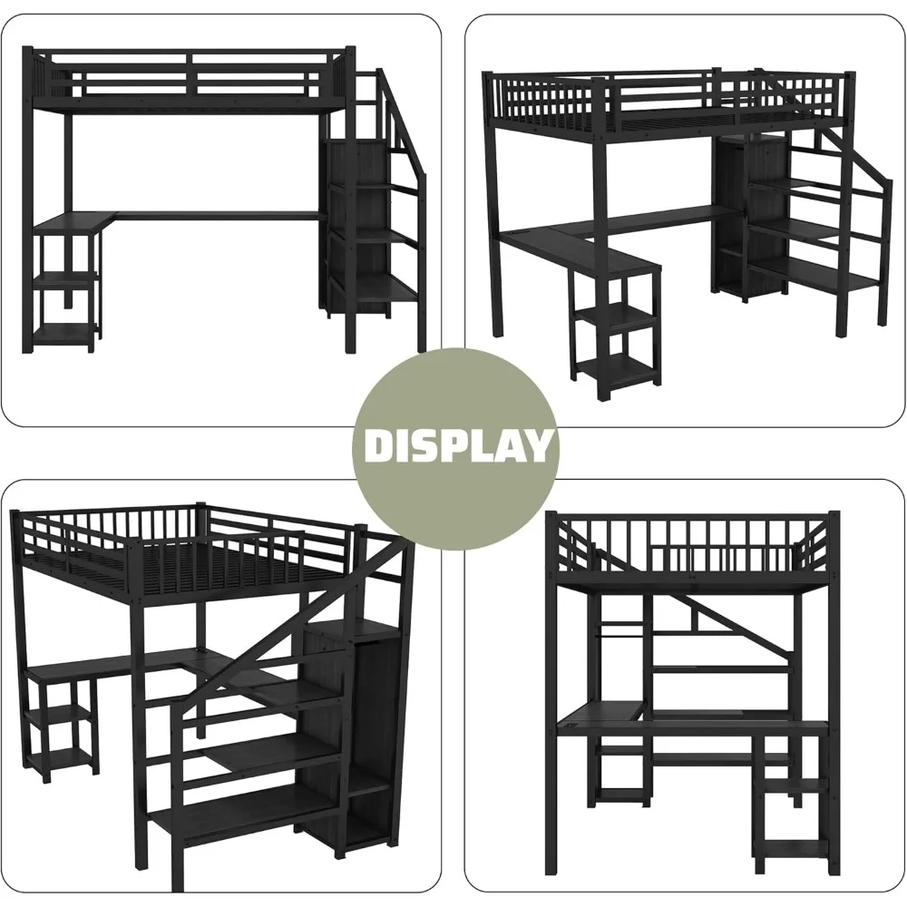 Full Size Loft Bed with Stairs and Desk, Metal Loft Bed with LED Light,  Bed Frame with Storage Shelves and Charging Station