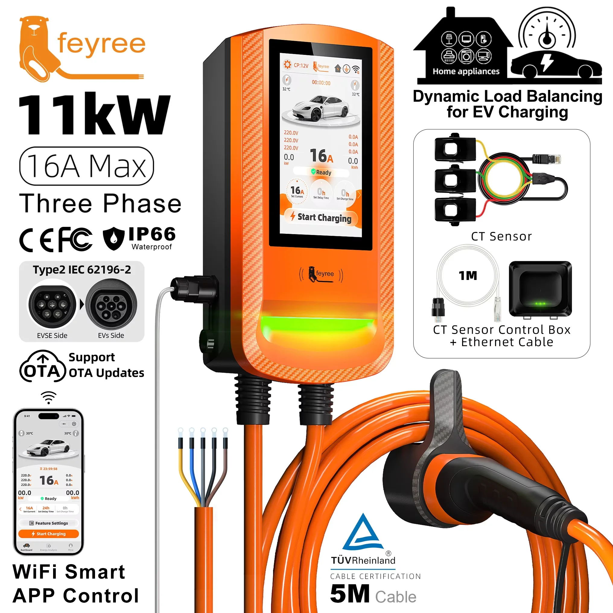 feyree Type 2 Charger Plug Wallbox EV Charger 22kW with DLB Function 7 inch Touch Screen With Password Security Charging Station