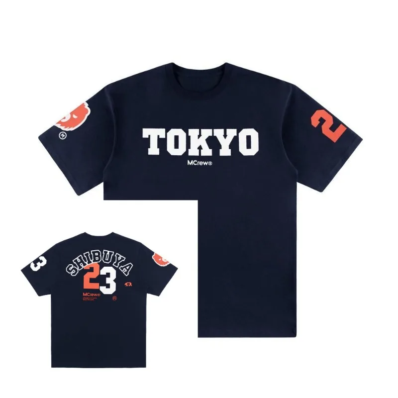 

MCREW TOKYO SHIBUYA No. 23 Summer White Navy Blue Pure Cotton Printed Round-neck Short-sleeved T-shirt