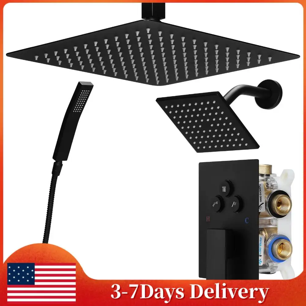 

Shower System Set W/ 12in Ceiling Mount 6in Wall Mount Showers Head Push Button Diverter with 2 in 1 Handheld for Bathroom Hotel