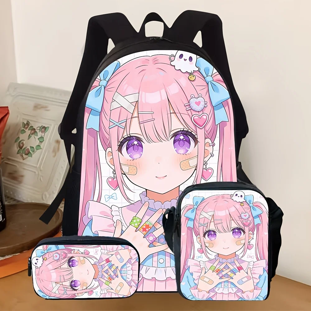 

3pcs 2D Flat Backpack Set with Lovely Pink Haired Cute Cartoon Anime Pretty Girl Print Suitable for Daily School Storage And Out