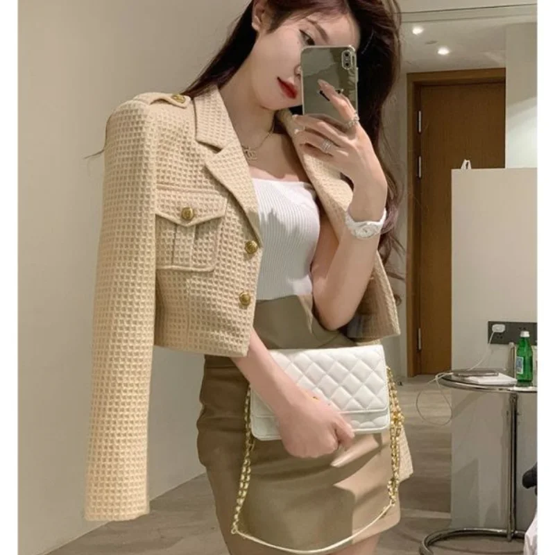 Spring Autumn Korean Khaki Short Suit Coat Hip Wrap Mini Half Skirt Two Piece Set Falls New Women Jakcet Slim Skirts Outfits