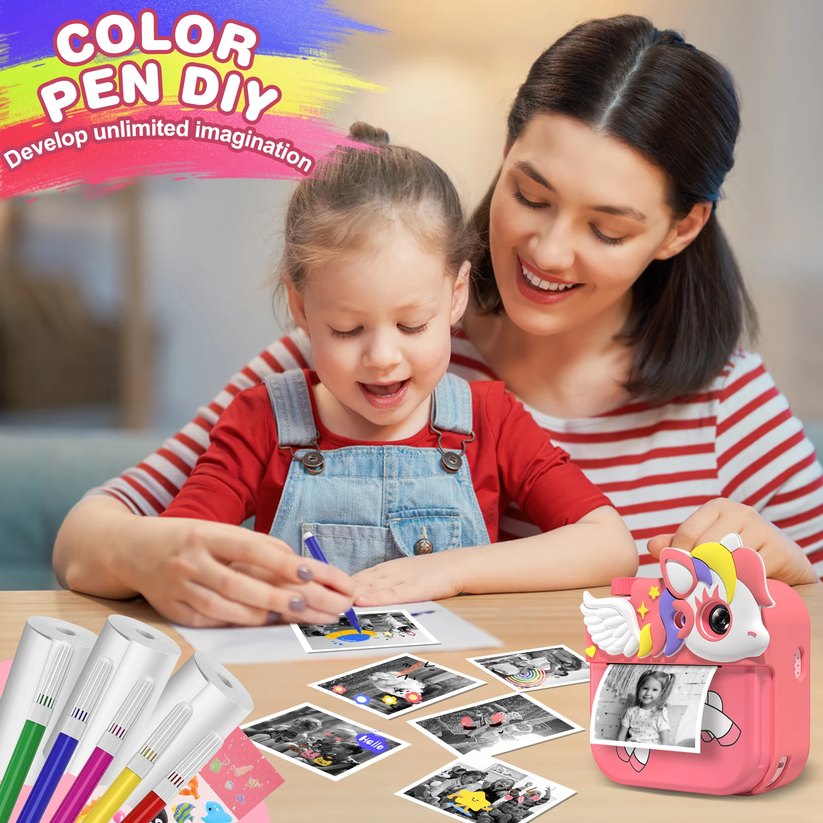 Cámara instantánea para niños, cámara de serigrafía HD IPS de 2,4" 12MP 1080P para niños, cámara instantánea con tarjeta de memoria de 32G