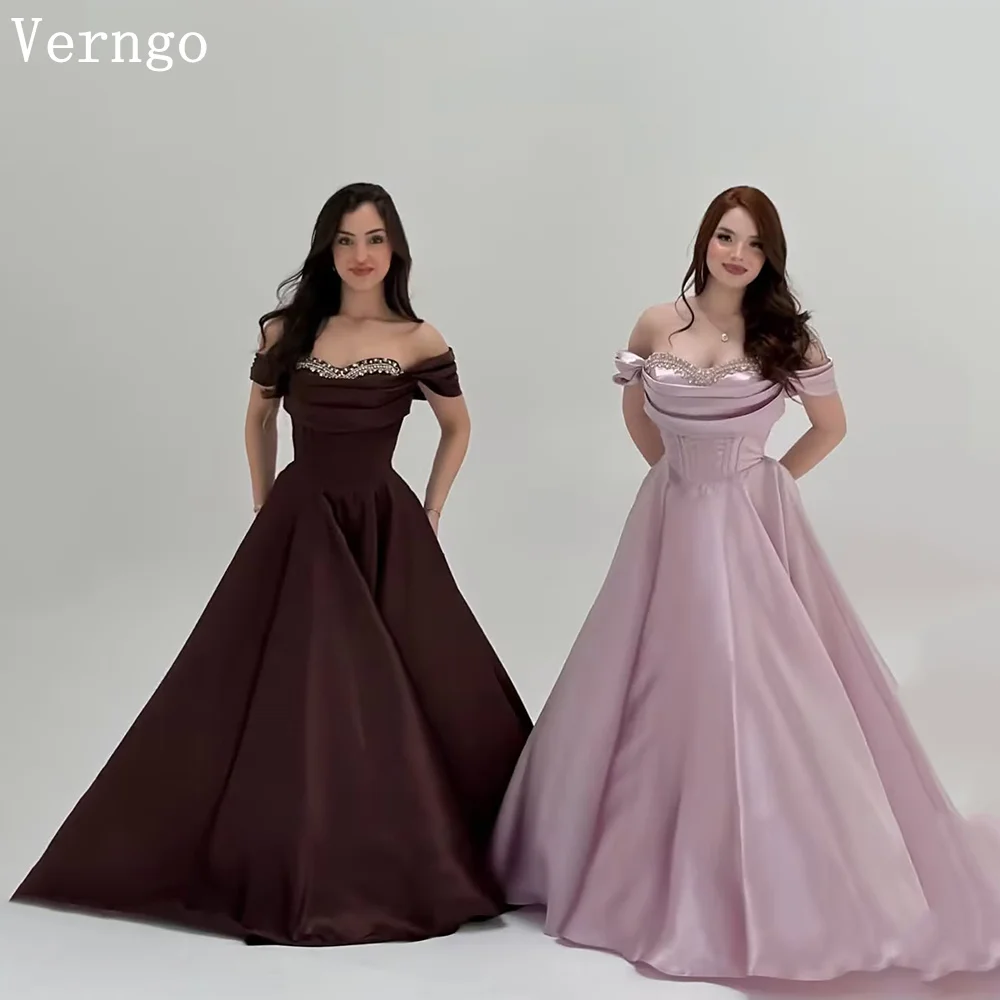 

Verngo Brown/Pink Satin Evening Dress Off The Shoulder A Line Formal Occasion Dress Simple Elegant Prom Party Dress Customized