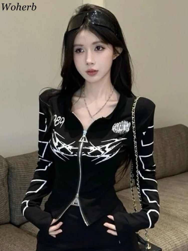 

Осенние модные облегающие куртки с принтом, женская одежда, туника с двойной молнией, топы Y2k, 2025 Ropa Mujer, модное повседневное укороченное пальто