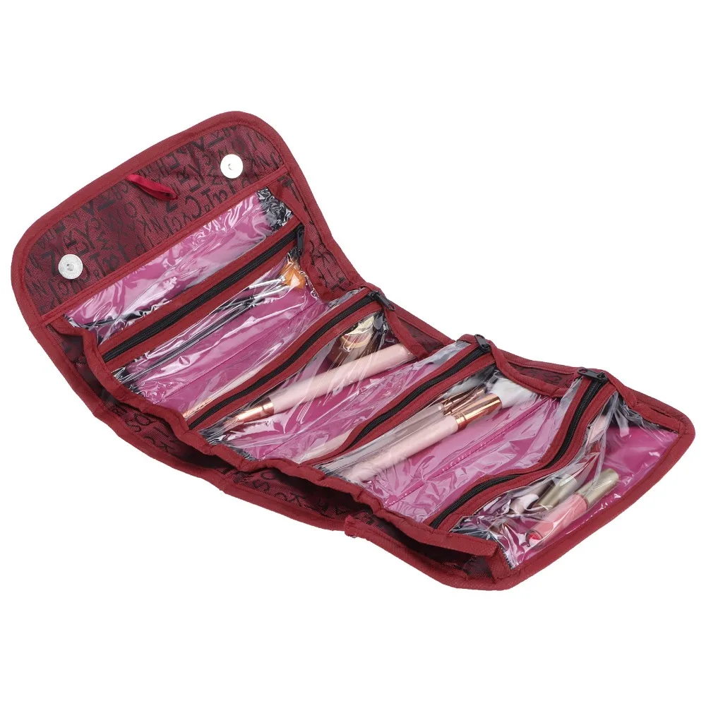 Polyester Cosmetic Bag Foldable Large Capacity Toiletry Storage Bag Multi-Compartment Wine Red Black Makeup Storage Organizer